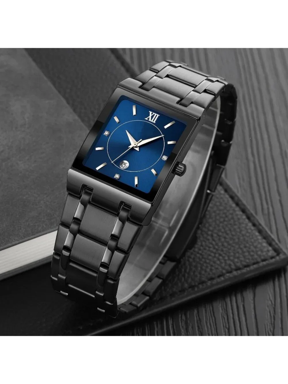 Men's Black Blue Square Dial Waterproof Analog Quartz Stainless Steel Watches